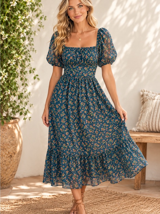 Altar'd State Dresses & Skirts - Altar'd State Green‎ Floral Square Neck Prairie Peasant Fit N Flare Dress (L)